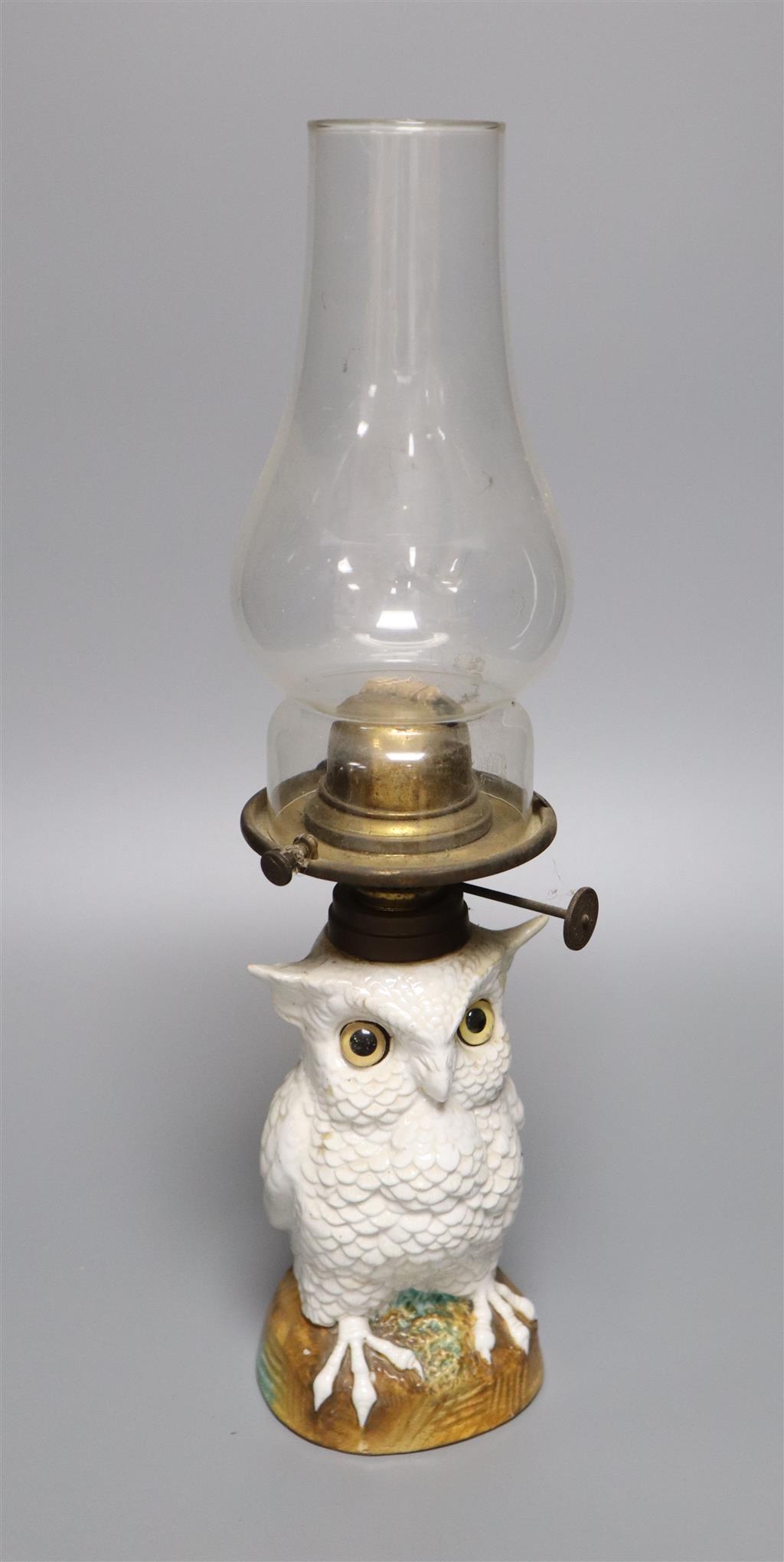 A Possneck porcelain owl novelty oil lamp, total height including chimney 37.5cm